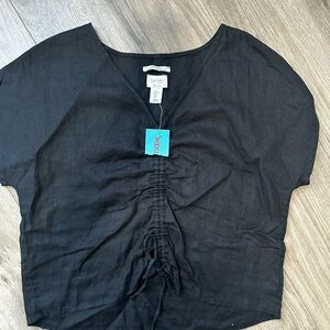 100% Black Linen Nicole Miller Black V-Neck Ruched Drawstring Top Shirt NWT